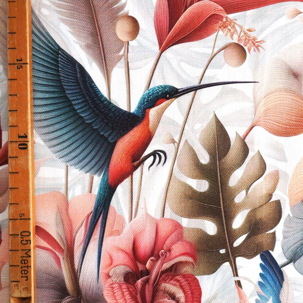 Dekostoff Halbpanama Kolibri mit Pflanzen rosa petrol